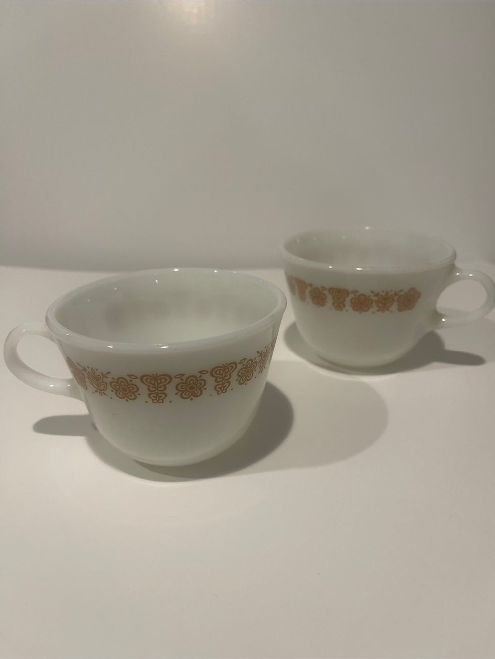 Vintage Pyrex White Milk Glass Cups butterfly Gold Floral Band Set of 2 - #32 33